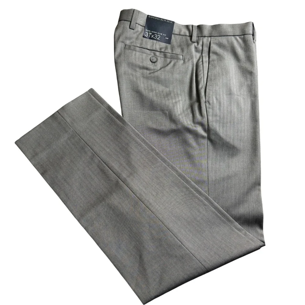 Banana Republic Dress Pants Men 31x32 Grey Herringbone Non-Iron Slim Fit Trouser